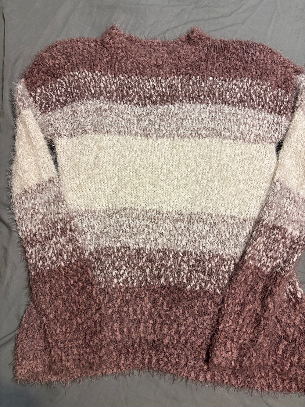 SO Fuzzy Striped Crewneck Sweater in Mauve and Cream